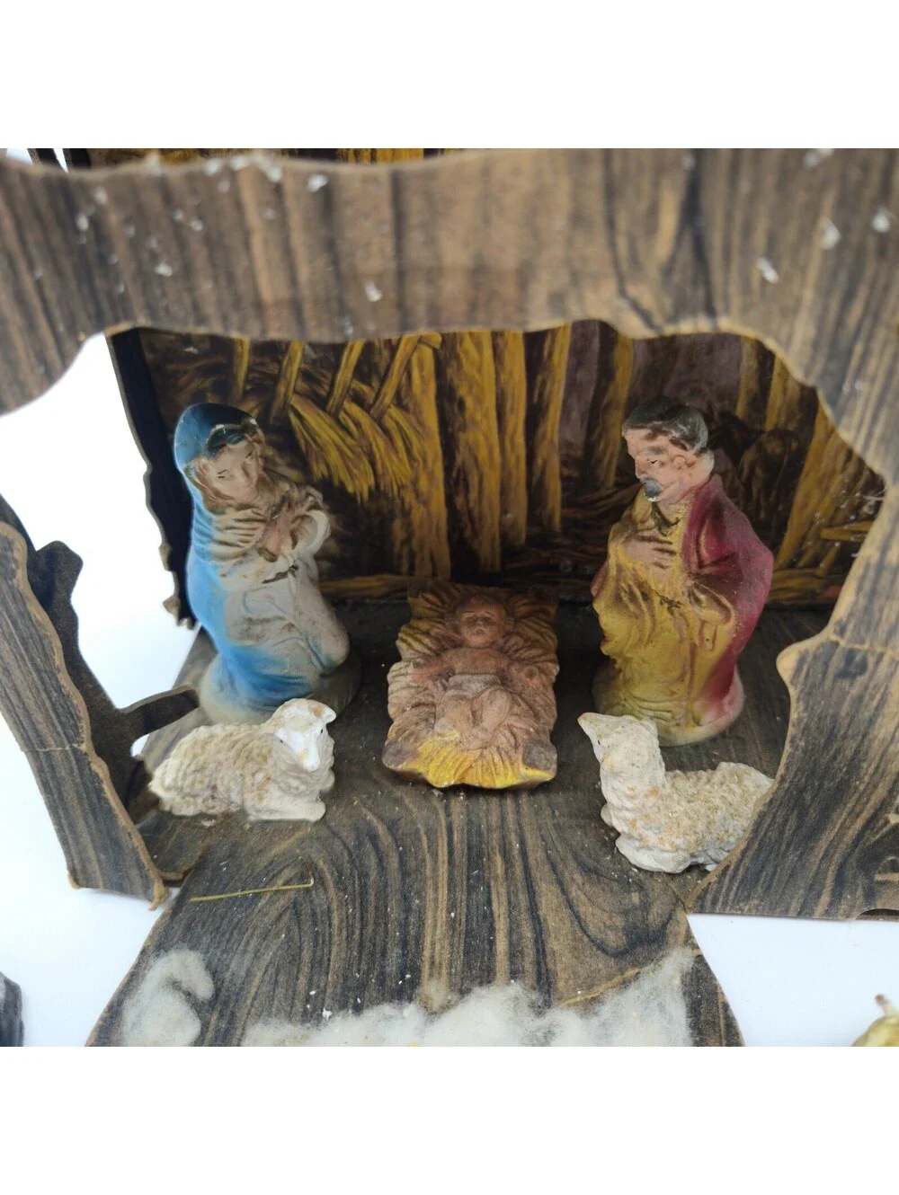Vintage Nativity Scene Cardboard Faux Wood Paper Mural Creche 7 Figures